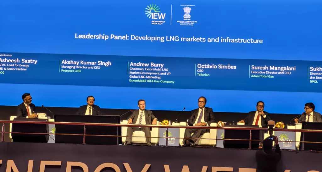 Akshay Kumar Singh, MD and CEO of Petronet LNG, and other speakers at a panel discussion at the India Energy Week 2024, on February 7. Photo courtesy: X/@PetronetLNGLtd