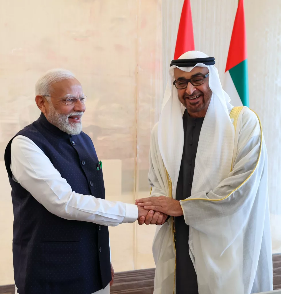 Indian Prime Minister Narendra Modi meets UAE President Sheikh Mohamed bin Zayed Al Nahyan