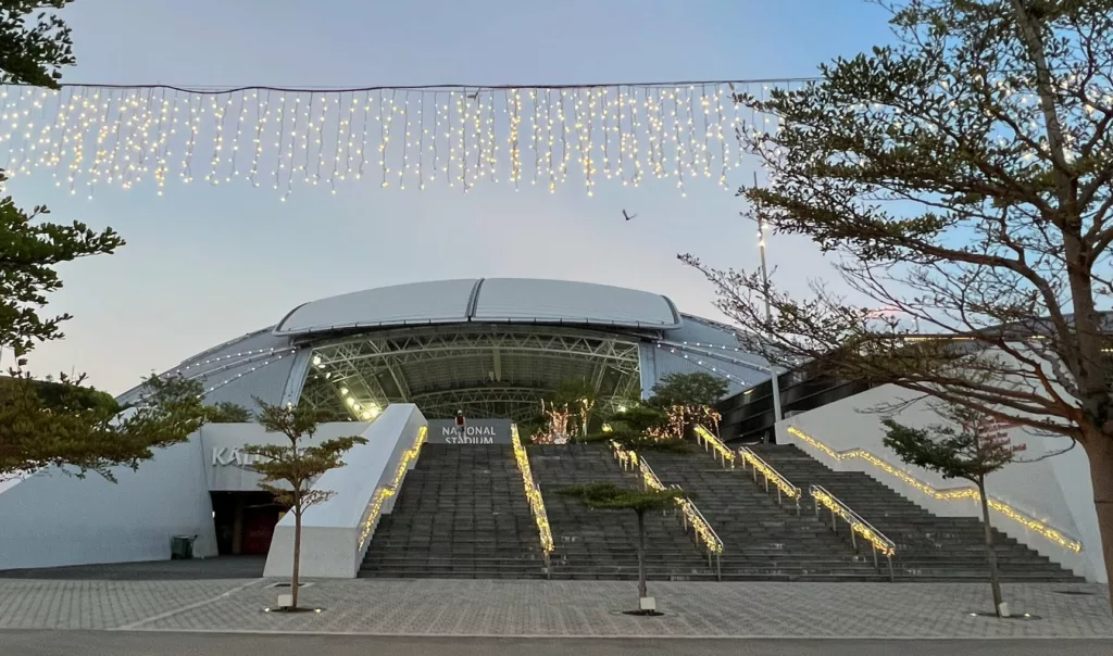 Singapore National Stadium with lights