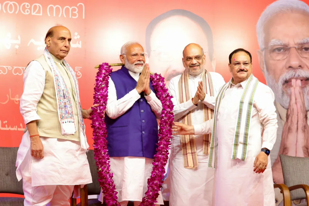 BJP leaders Rajnath Singh, Narendra Modi, Amit Shah, and JP Nadda