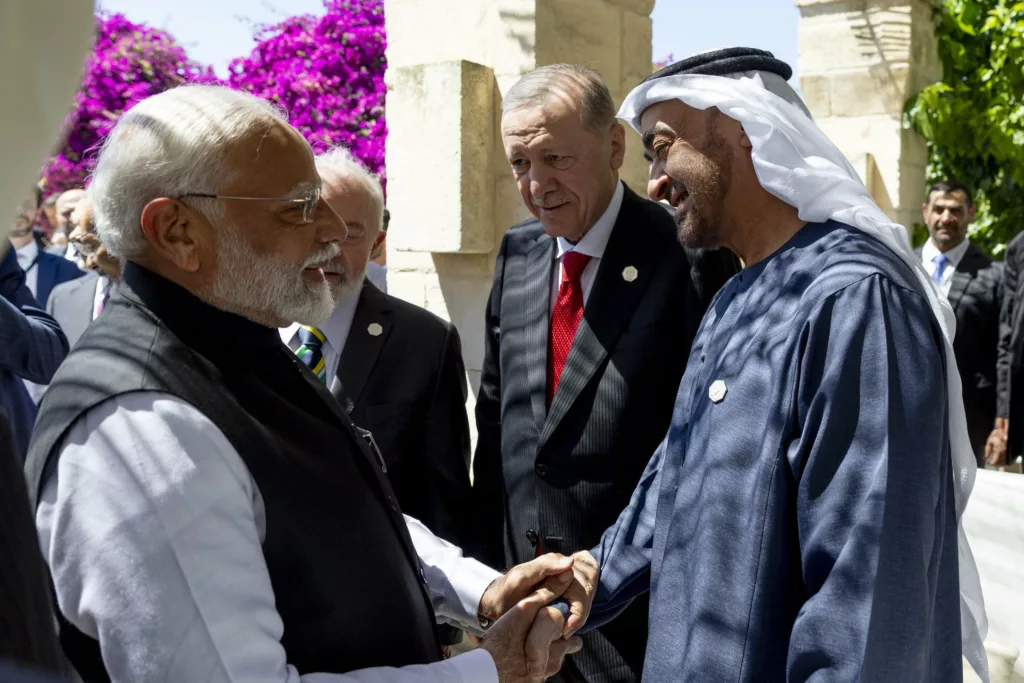 PM Narendra Modi shakes hands with UAE President HH Sheikh Mohamed bin Zayed Al Nahyan