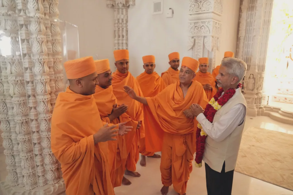 Jaishankar with monks at BAPS Hindu Mandir Abu Dhabi