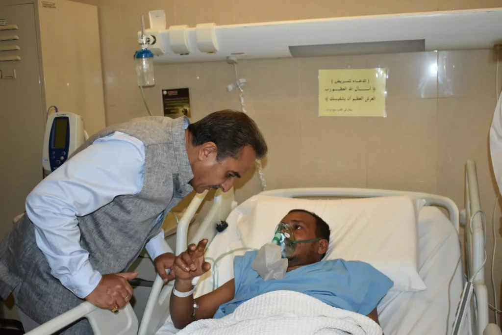 Indian Minister of State for External Affairs Kirti Vardhan Singh visits one of the Kuwait hospitals were Indian workers injured in the Mangaf fire are being treated