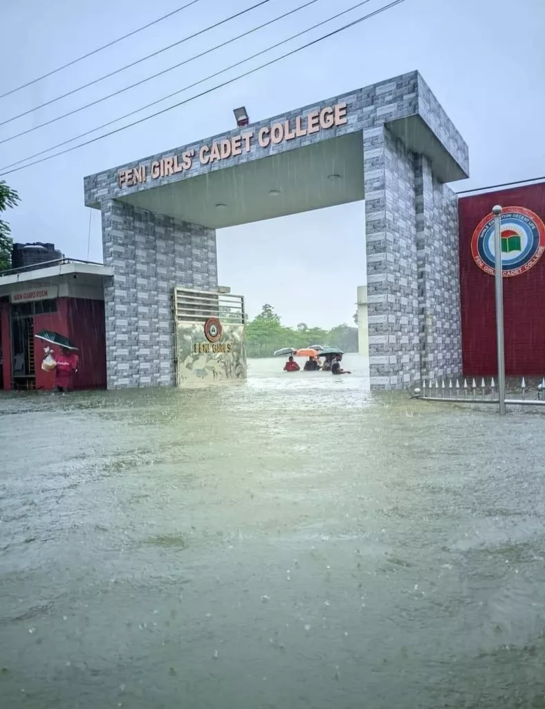 A college gate in flooded Feni, Bangladesh