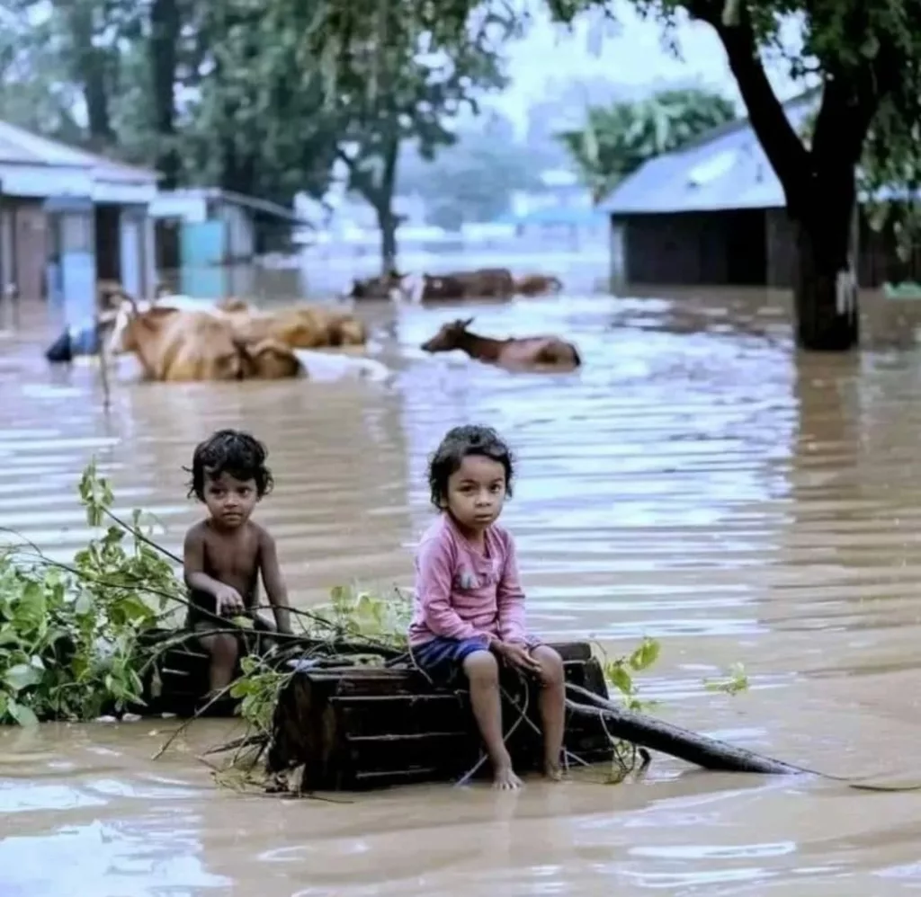 Children and animals in flooded Bangladesh