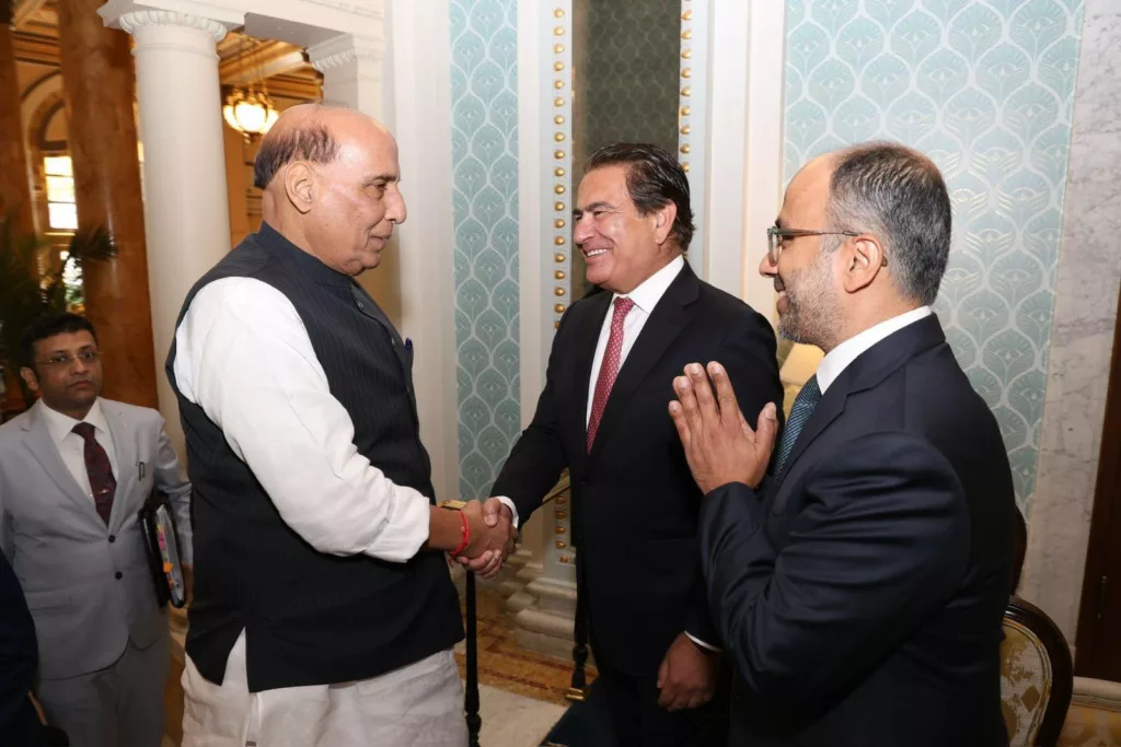 Rajnath Singh is greeted by Mukesh Aghi, Chief Executive Officer of the US India Strategic Partnership Forum