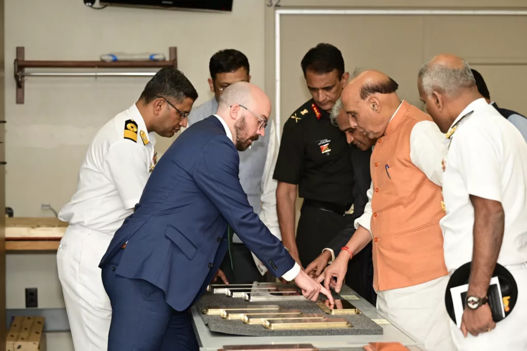 Rajnath Singh gets a briefing at the Naval Surface Warfare Centre