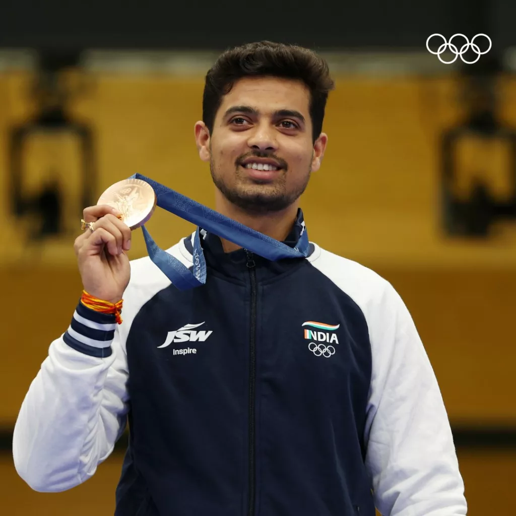 Indian shooter Swapnil Kusale with his bronze medal