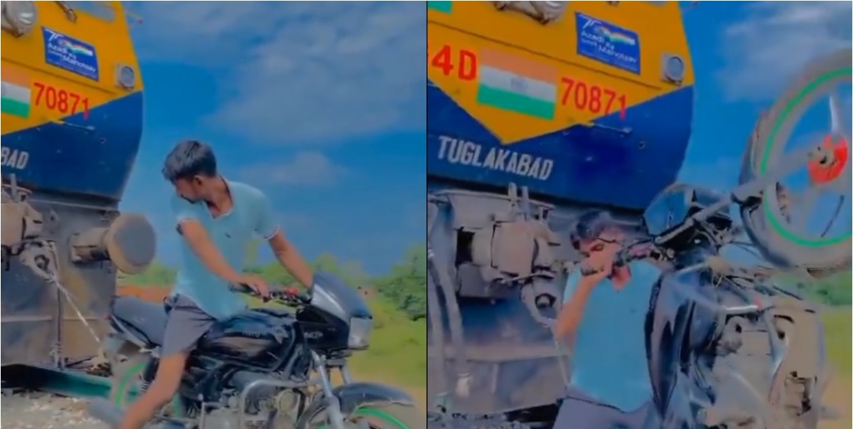 WATCH: Indian youth attempts to pull train engine with motorcycle for social media content, arrested after video goes viral