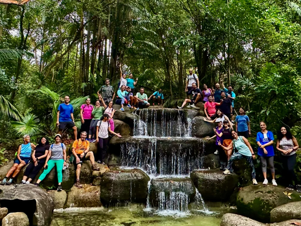 The Wednesday Walkers group at a hidden waterfall on Sentosa island in Singapore
