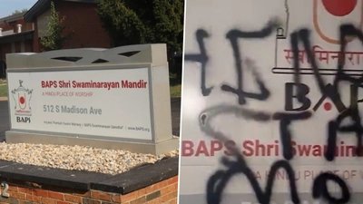 Unknown men have defaced another Hindu temple in the US city of Indiana this week, the fourth such incident reported from the country this year.