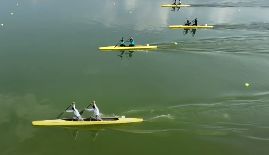 Rowers compete at the Khelo India Water Sports Festival on Dal Lake, Kashmir